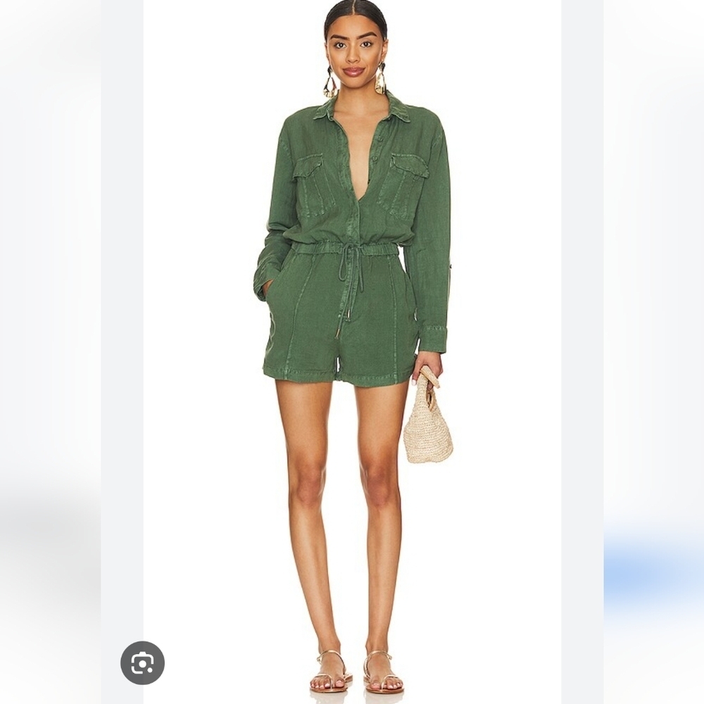 Young Fabulous & Broke Lake Side Romper Roll-up Sleeve Linen Blend Green Small